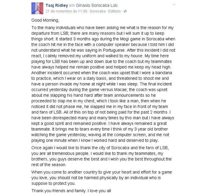 Desabafo de Ridley na internet após sua saída (Foto: Reprodução / Facebook)