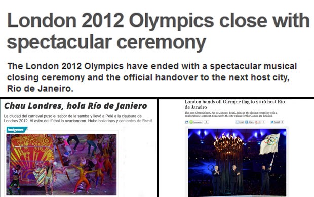 Montagem, Jornais do mundo, encerramento olimpiadas (Foto: Editoria de arte / Globoesporte.com)