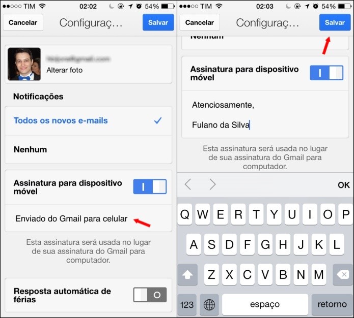 Editando assinatura do Gmail para iPhone (Foto: Reprodução/Helito Bijora)