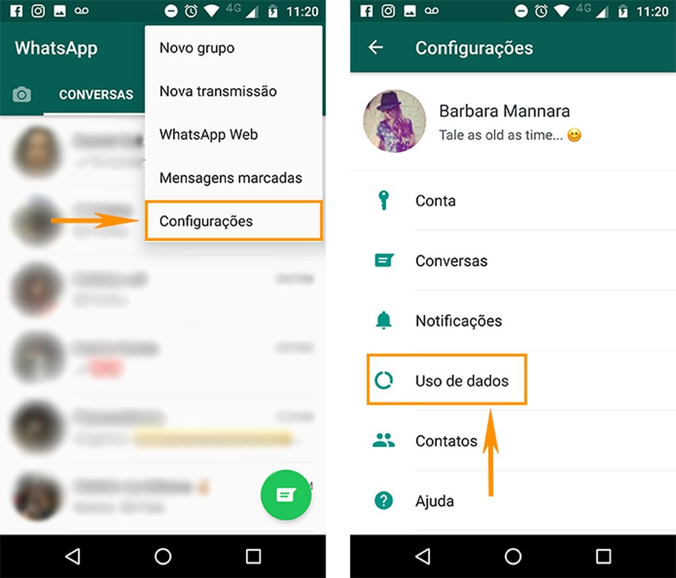 Acesse as configurações de uso de dados no WhatsApp (Foto: Reprodução/Barbara Mannara)