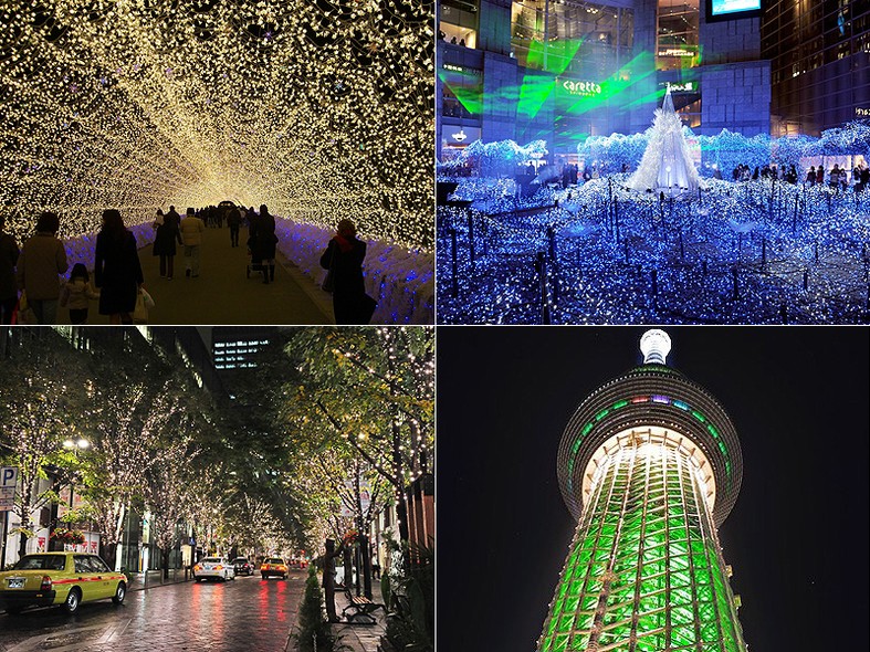 Em sentido horário: o parque Nabana no Sato, com seus túneis de luz; o complexo comercial de Caretta Shiodome e a Tokyo Sky Tree Dream, instalada no centro da capital japonesa 