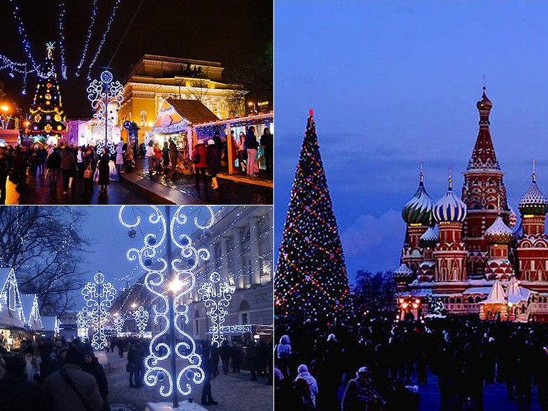 A decoração da Praça Vermelha, na Rússia, e as ruas do centro de Moscou, ficam ainda mais bonitas com a neve