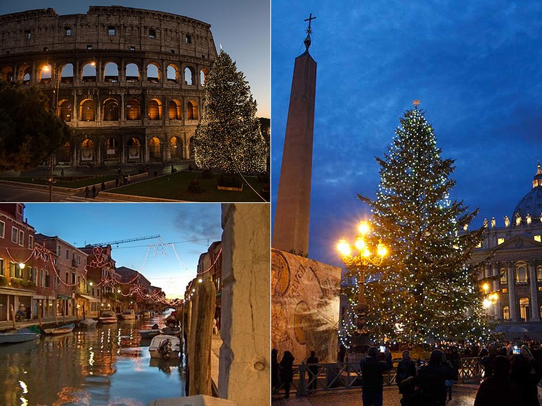 Os principais pontos de Roma e Veneza, na Itália, estão tradicionalmente decorados com árvores de Natal e lâmpadas brancas