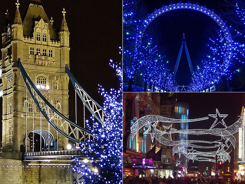 A roda-gigante London Eye e a Tower Bridge, em Londres, receberam inúmeras lâmpadas azuis; as ruas britânicas também estão bastante enfeitadas para celebrar o Natal