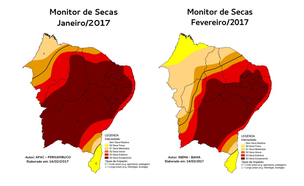 Comparação de mapa de seca do Nordeste entre janeiro e fevereiro (Foto: Divulgação/Monitor de Secas)