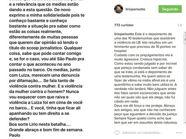 Empresário postou parte de mensagem que teria recebido de uma das testemunhas da agressão de Brunet (Foto: Reprodução/Instagram)