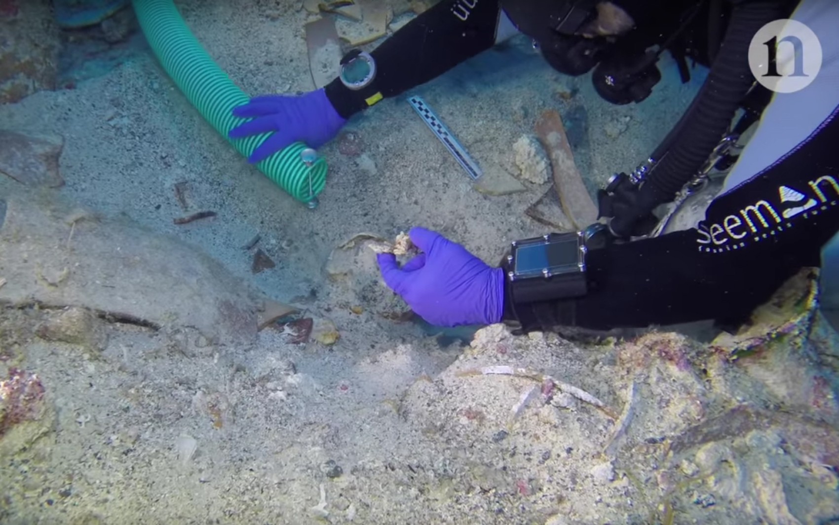 Vídeo mostra mometo em que arqueólogos descobrem esqueleto humano em naufrágio  (Foto: Reprodução/youtube/Nature Video)