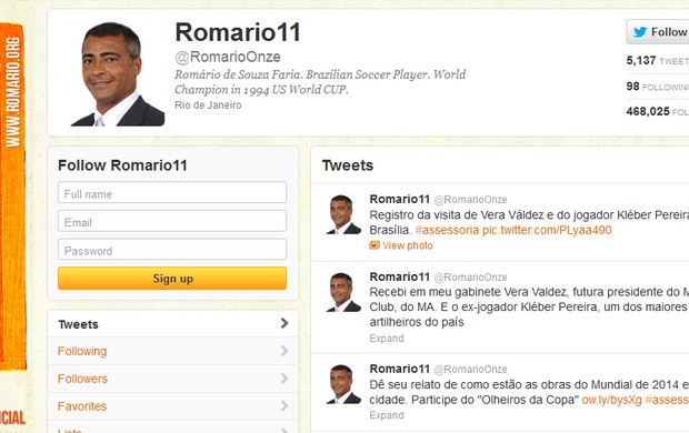 Twitter de Romário falando da visita de Kleber Pereira (Foto: Reprodução/Twitter) Twitter de Romário falando da visita de Kleber Pereira (Foto: Reprodução/Twitter)