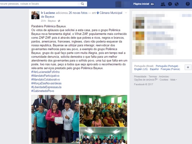 Vereadora homenageou grupo também em uma rede social (Foto: Reprodução/Facebook) Vereadora homenageou grupo também em uma rede social (Foto: Reprodução/Facebook)