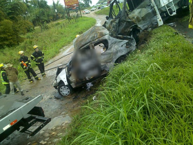 Homem morreu carbonizado após colidir o veículo na BR-470 (Foto: Rogério Jair Machado/Divulgação)