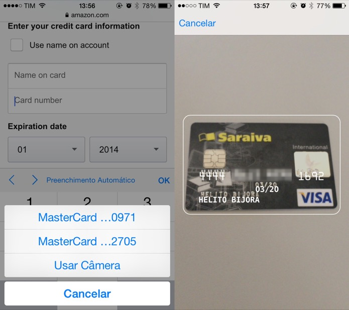 Escaneando cartão de crédito pelo iOS 8 (Reprodução/ Helito Bijora)
