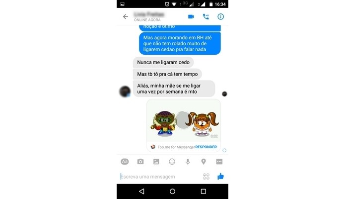 Conversa no Facebook Messenger com mensagem em desenho animado, feita no Too.me (Foto: Reprodução/ Raquel Freire)