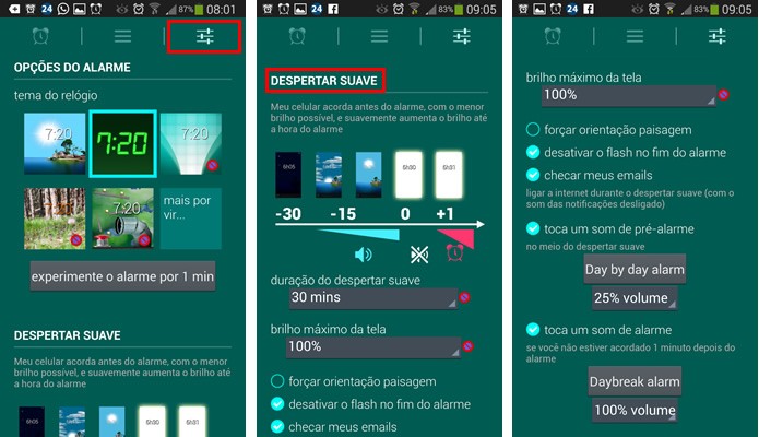 Aperte na aba da direita e configure as opções de iluminação do alarme em “Despertar Suave” (Foto: Reprodução/Daniel Ribeiro)