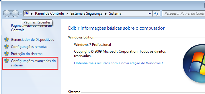 Acessando as Configurações avançadas do sistema (Foto: Reprodução/Edivaldo Brito)