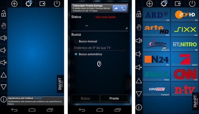 Telas do app Smart TV Remote, da Samsung (Foto: Reprodução/Raquel Freire)