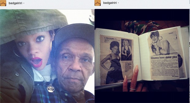 Rihanna com o avô Lionel e segurando os recortes de jornal guardados pela avó Dolly (Foto: Reprodução/Instagram)