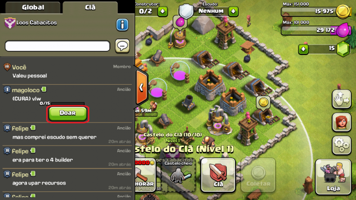Fique atento ao chat do clan e clique em Doar para enviar tropas (Foto: Reprodução/Paulo Vasconcellos)
