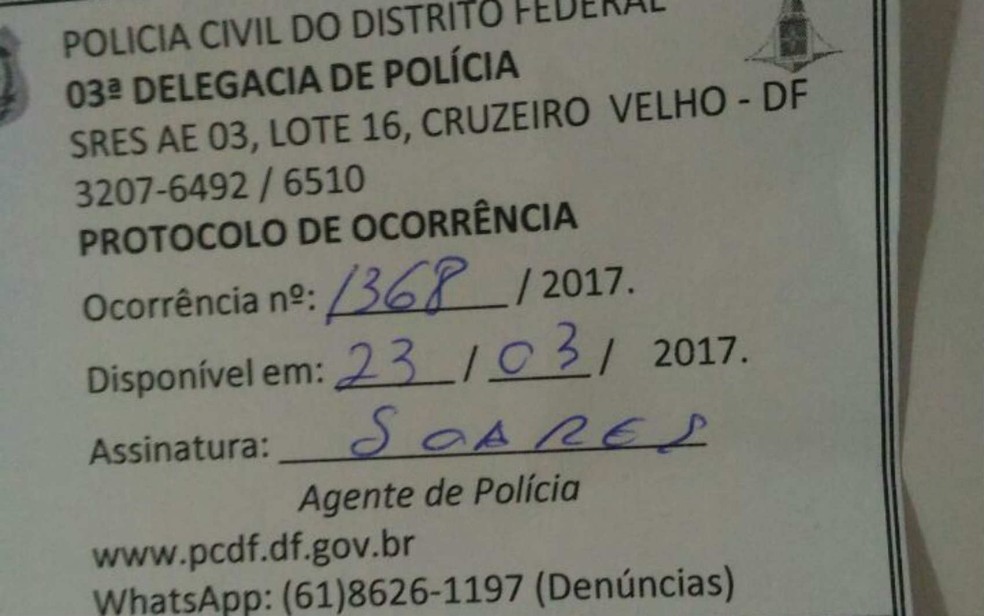 Registro do boletim de ocorrência registrado após furto no DF (Foto: Arquivo pessoal)