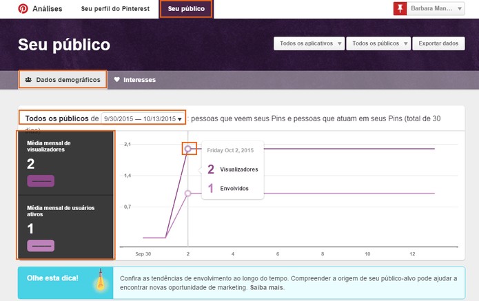 Gerencie os dados completos de seu público no gráfico e personalize a data (Foto: Reprodução/Barbara Mannara)