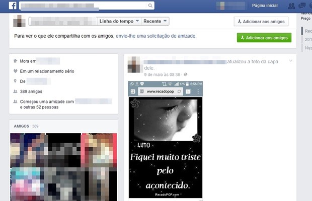 Suspeito postou imagem com mensagem de 'luto' na manhã do crime, em Goiás (Foto: Reprodução/TV Anhanguera)