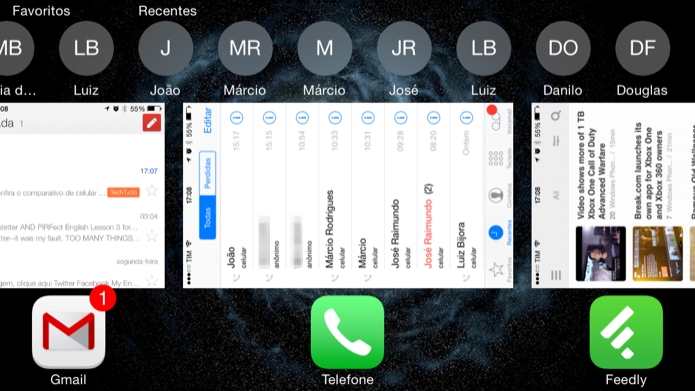 Atalhos para contatos na tela de multitarefa (Foto: Reprodução/Helito Bijora) 