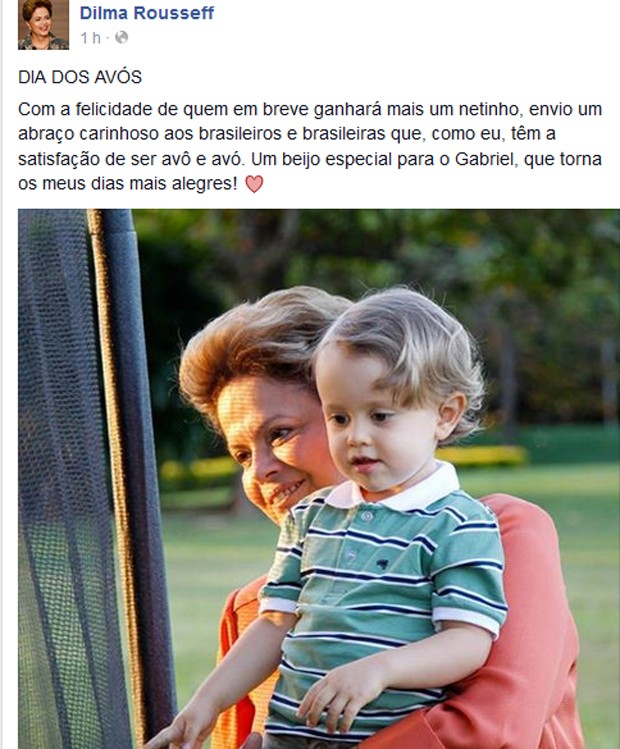 Dilma homenageia avós e comemora segundo neto em mensagem na web