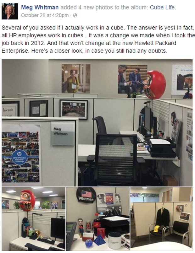 Meg Whitman publicou imagens de seu local de trabalho na rede social (Foto: Reprodução/Facebook)