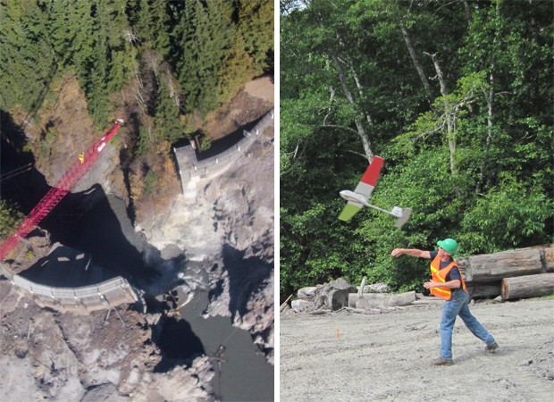 À esqurerda, imagem realizada por um avião não-tripulado da USGS em setembro; à esquerda, funcionário lança aeronave no mesmo local, para fazer imagens aéreas, meses antes (Foto: Divulgação/Susan Goplen/USGS)