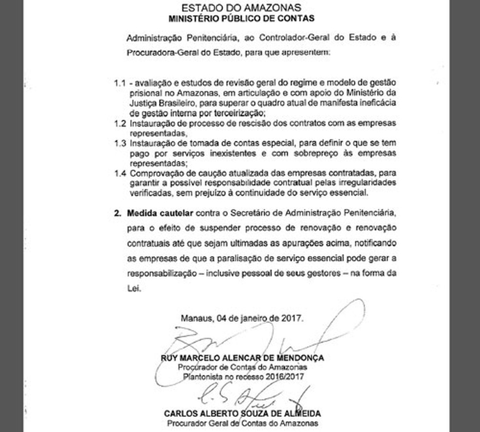 MP pediu instauração de processo para rescindir contratos com empresas e no plano para presídios do Amazonas (Foto: Reprodução)