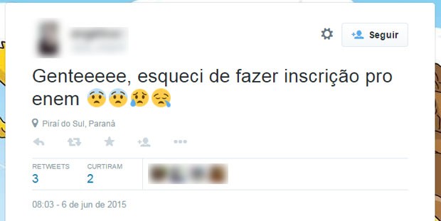 Candidata foi ao Twitter na manhã deste sábado lamentar ter perdido o prazo de se inscrever para o Enem (Foto: Reprodução/Twitter)