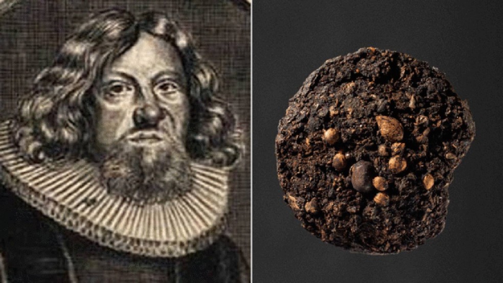 O bispo Jens Bircherod e as fezes encontradas nas escavações de seu antigo palacete (Foto: Nordjyllands Historiske Museum/Moesgaard Museum)