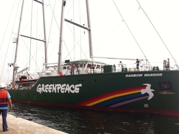 O navio do Greenpeace chegou ao Rio de Janeiro por volta das 9h desta quarta-feira (13). A embarcação atracou no Píer Mauá com cerca de 30 pessoa a bordo.  (Foto: Janaína Carvalho / G1)