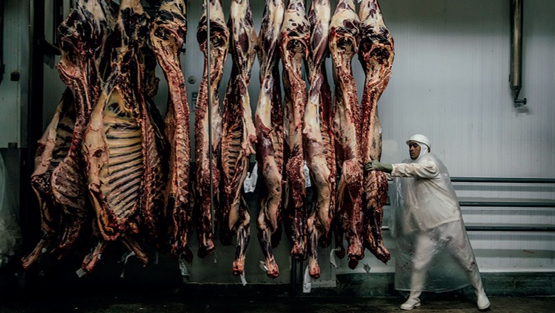 Carcaças  suspensas em frigorífico.  China compra cada vez mais carne brasileira (Foto: Getty Images)