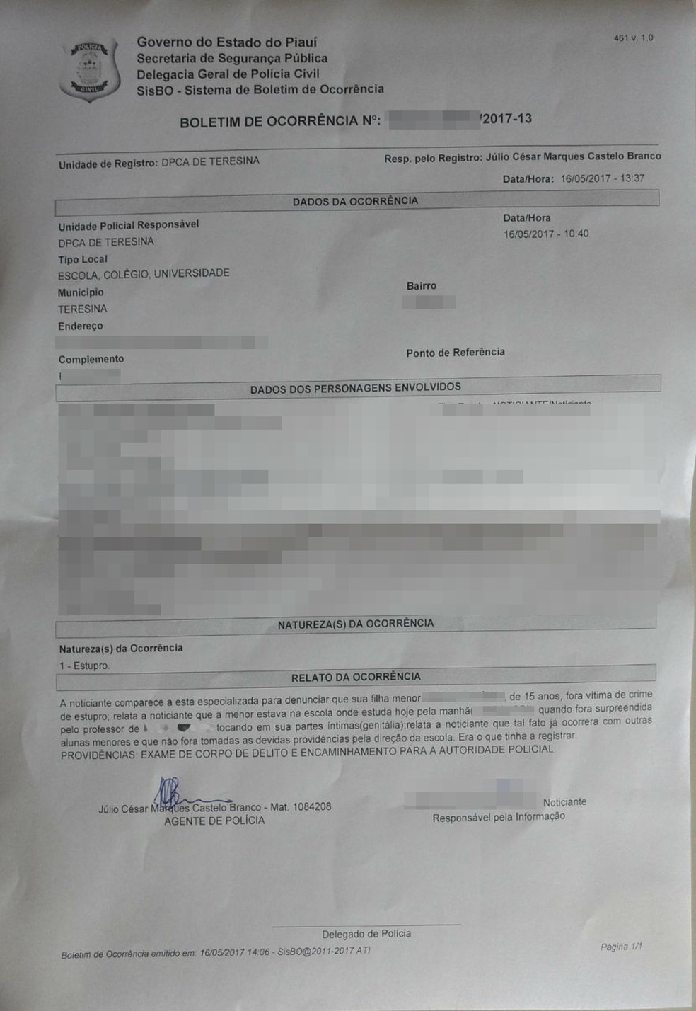 Boletim de ocorrência de uma das adolescentes que denunciou professor por assédio sexual em escola particular de Teresina (Foto: Samantha Araújo/G1)