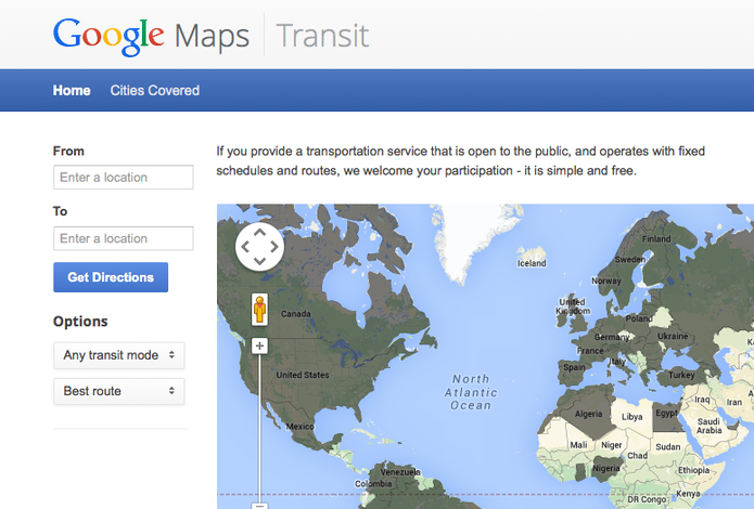 Site oficial do Google Transit, serviço com dados do transporte público do Google Maps (Foto: Reprodução/Google)