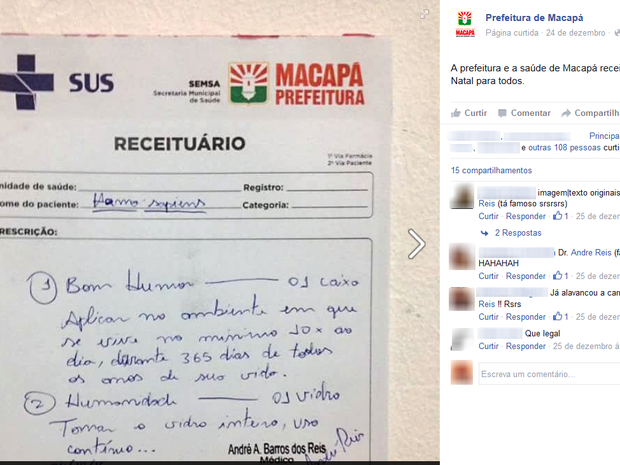 Página da prefeitura de Macapá compartilhou receita inusitada (Foto: Reprodução/Facebook)