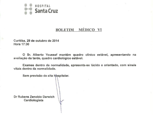 Boletim médico é assinado por médico cardiologista (Foto: Reprodução)