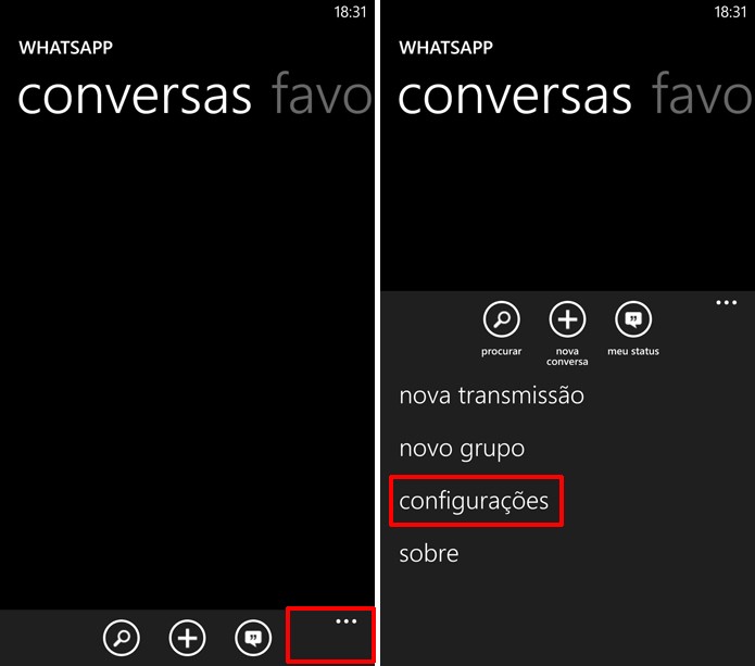 WhatsApp para Windows Phone oferece acesso às configurações do app na parte inferior da tela (Foto: Reprodução/Elson de Souza)