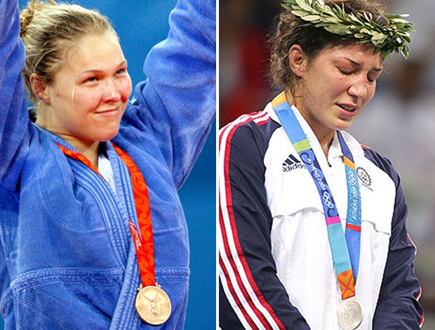 Montagem Ronda Rousey e McMann medalhas olimpiadas (Foto: Editoria de Arte)