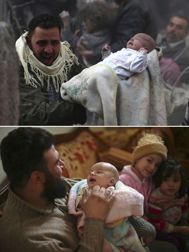 O bebê Rateb Mally logo após ser resgatado do meio de escombros (topo) e com o pai uma semana após ter sobrevivido a uma explosão em Damasco (Foto: Bassam Khabieh/Reuters)