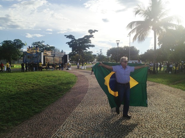 Manifestantes estavam com bandeiras, camisas em verde e amarelo e rostos pintados (Foto: Marcos Martins/G1)