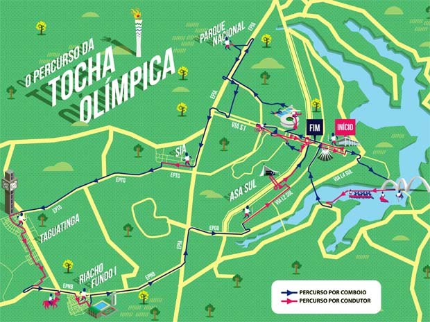Trajeto da Tocha Olímpica por Brasília; evento vai causar alterações no trânsito em cinco regiões (Foto: Agência Brasília/Divulgação) Trajeto da Tocha Olímpica por Brasília; evento vai causar alterações no trânsito em cinco regiões (Foto: Agência Brasília/Divulgação)