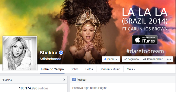 Shakira superou os 100 milhões de fãs no Facebook (Foto: Reprodução/Facebook)