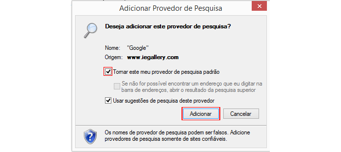 Caixa permite configurar mecanismo de pesquisa padrão (foto: Reprodução/Internet Explorer)