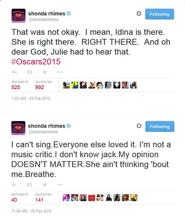Shonda Rhimes reclama nas redes sociais da apresentação de Lady Gaga no Oscar (Foto: Reprodução Twitter)