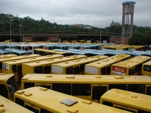 Ônibus ficaram estacionados na garagem (Foto: Jaime Batista da Silva)