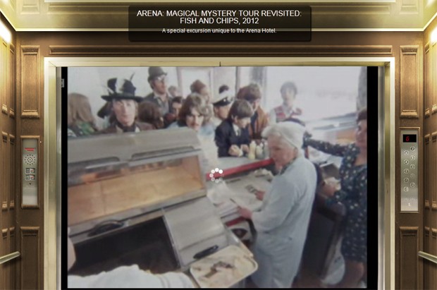 Integrantes dos Beatles em restaurante de 'fish and chips' em filmagens de 'Magical mistery tour' (Foto: Reprodução/Thespace.org)