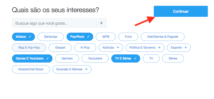 Definindo assuntos de interesse ao criar uma conta do Twitter pelo computador (Foto: Reprodução/Marvin Costa) (Foto: Definindo assuntos de interesse ao criar uma conta do Twitter pelo computador (Foto: Reprodução/Marvin Costa)) Definindo assuntos de interesse ao criar uma conta do Twitter pelo computador (Foto: Reprodução/Marvin Costa) (Foto: Definindo assuntos de interesse ao criar uma conta do Twitter pelo computador (Foto: Reprodução/Marvin Costa))