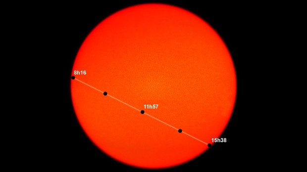 Imagen da Nasa mostra horários aproximados (de Brasília) em que Mercúrio estará sobre diferentes partes do Sol (Foto: Nasa)