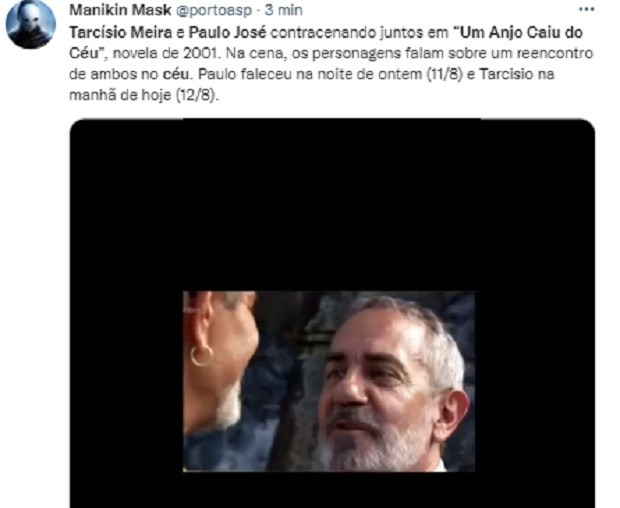 Fãs comentam cena de Tarcísio Meira e Paulo José na novela Um Anjo Caiu do Céu (Globo, 2001) (Foto: Reprodução/Twitter)